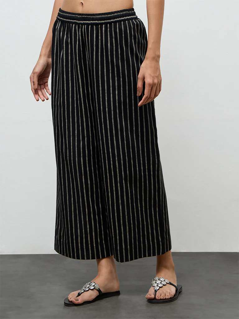 Utsa Black Striped Cotton-Blend Pants