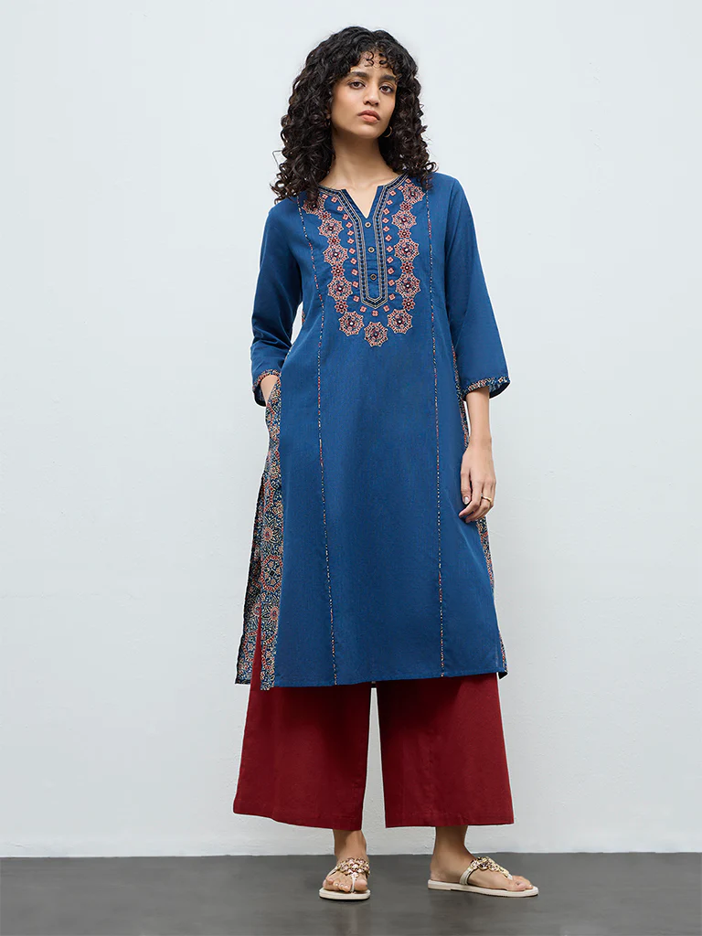 Utsa Dark Blue Embroidered Cotton A-Line Kurta - Image 2