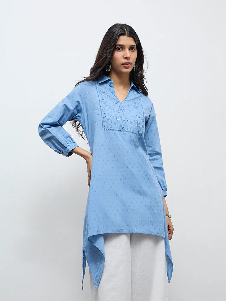 Utsa Blue Embroidered Cotton Straight Kurta