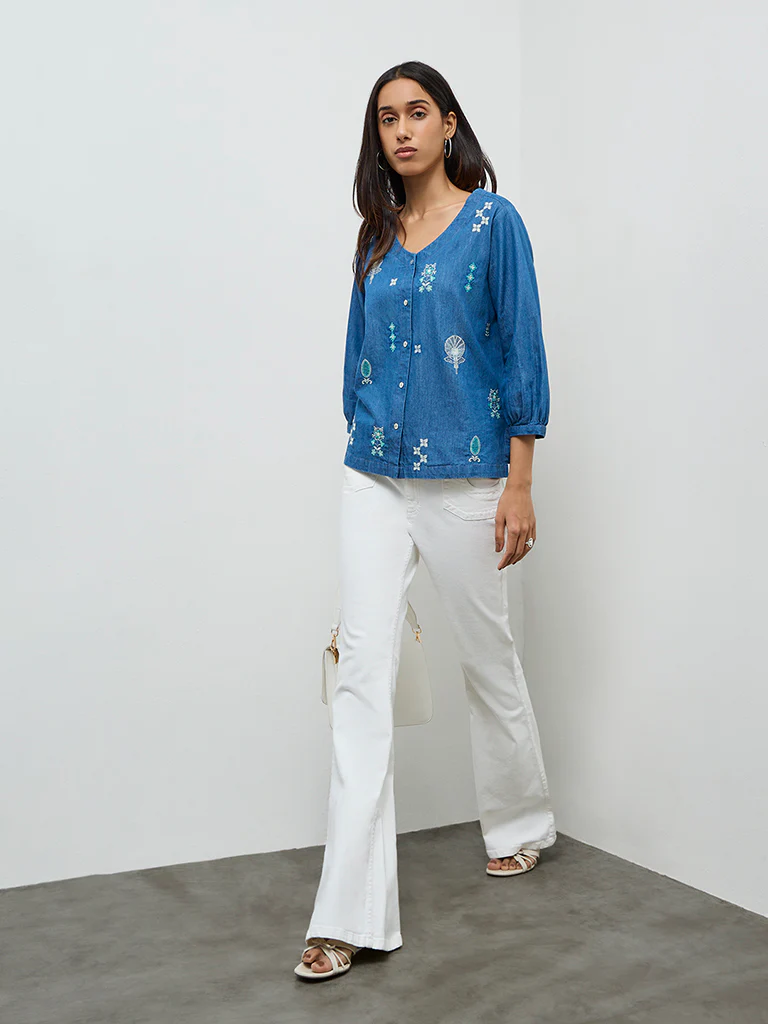 Utsa Blue Embroidered Denim Tunic - Image 2