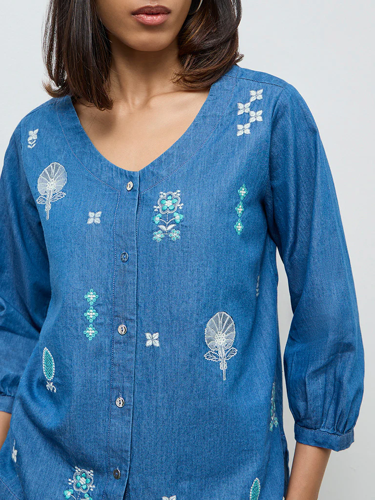 Utsa Blue Embroidered Denim Tunic - Image 3