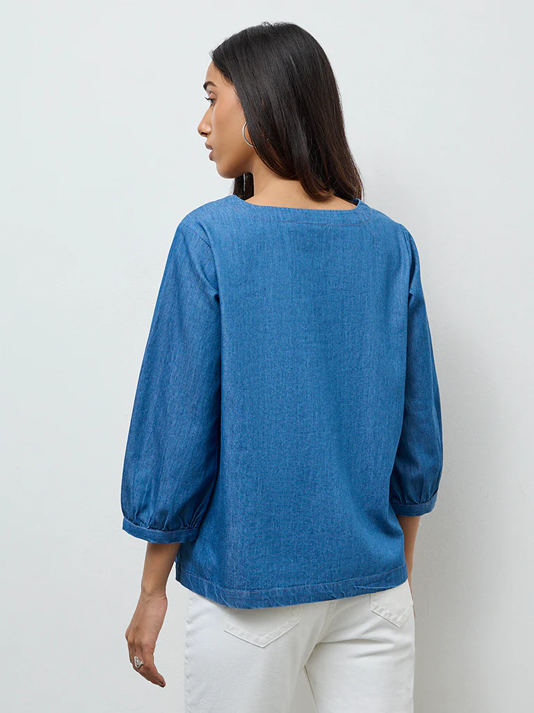 Utsa Blue Embroidered Denim Tunic - Image 4