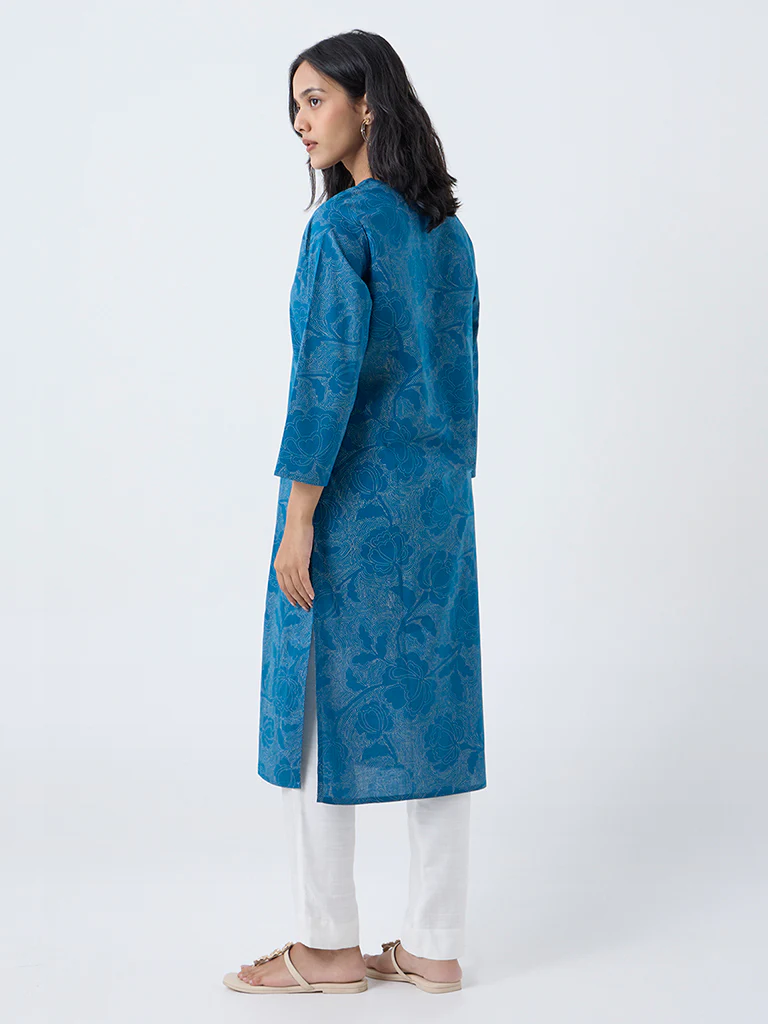 Utsa Blue Floral Design Cotton Straight Kurta - Image 4