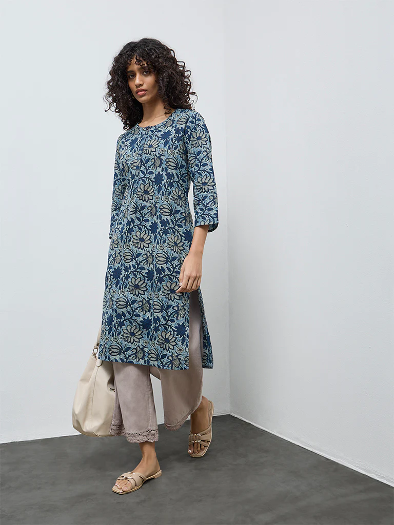 Utsa Blue Floral Design Cotton Straight Kurta - Image 2
