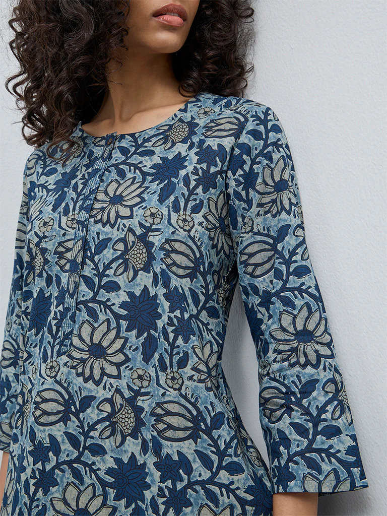 Utsa Blue Floral Design Cotton Straight Kurta - Image 3