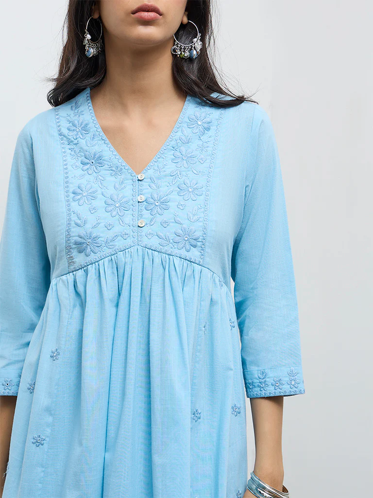 Utsa Blue Floral Embroidered Cotton A-Line Kurta - Image 3