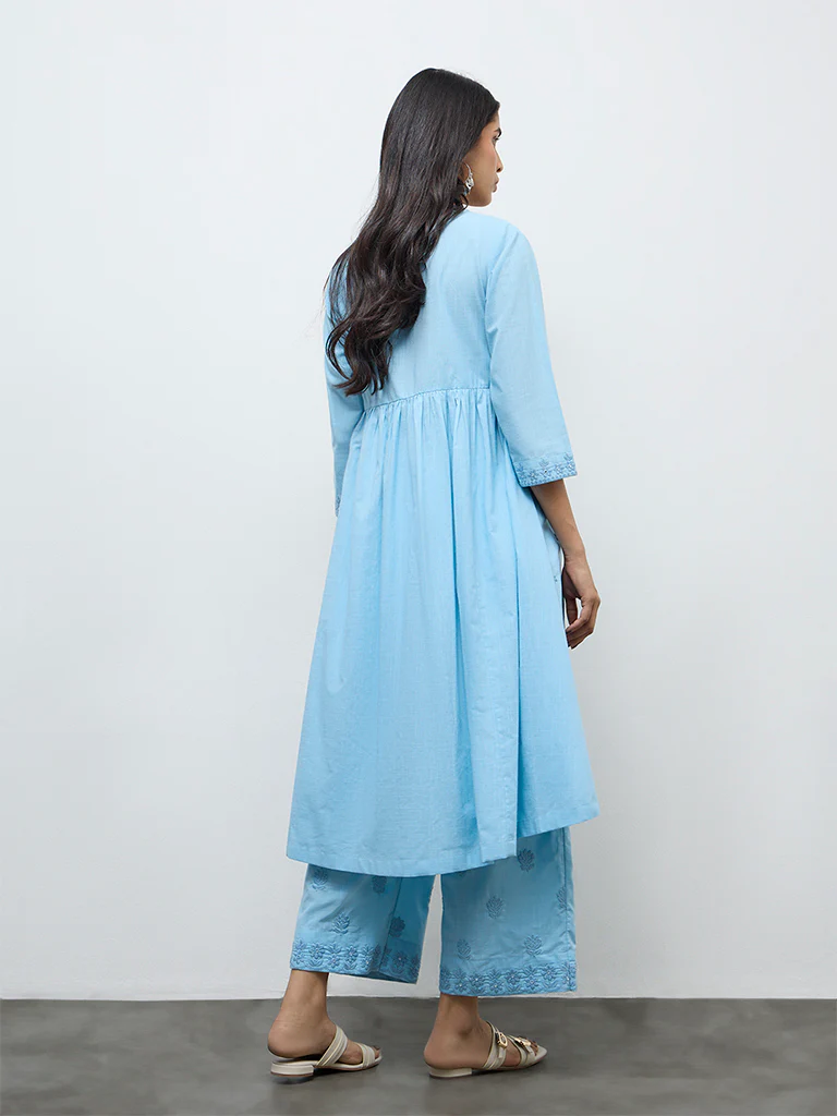 Utsa Blue Floral Embroidered Cotton A-Line Kurta - Image 4