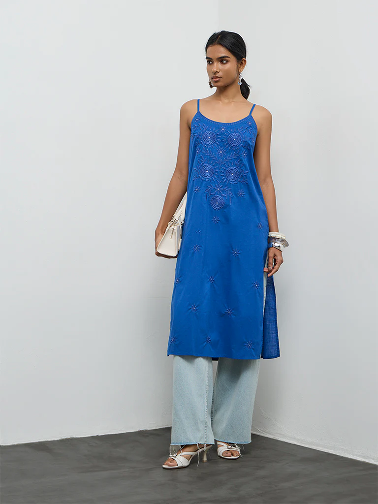 Utsa Blue Floral Embroidered Cotton A-Line Strappy Kurta