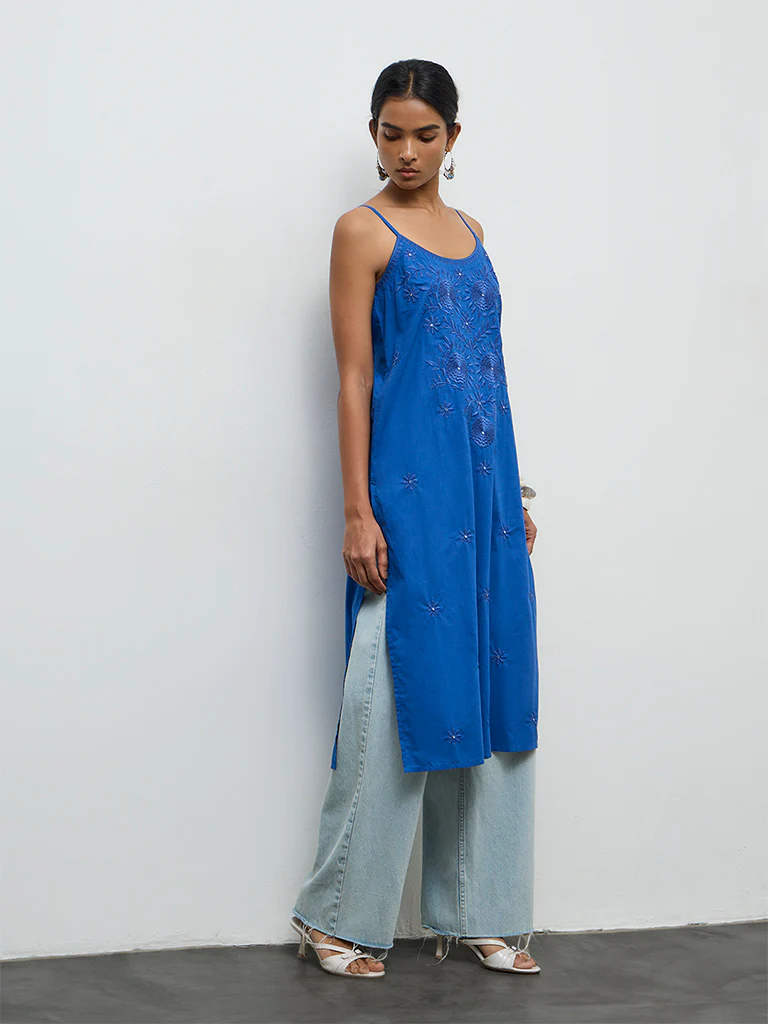 Utsa Blue Floral Embroidered Cotton A-Line Strappy Kurta - Image 2