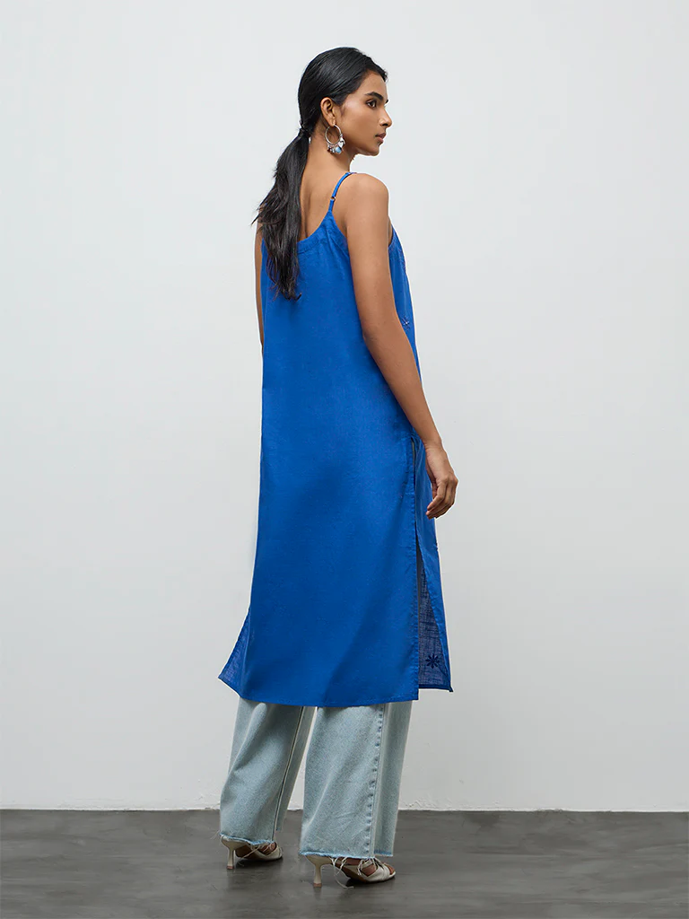 Utsa Blue Floral Embroidered Cotton A-Line Strappy Kurta - Image 4