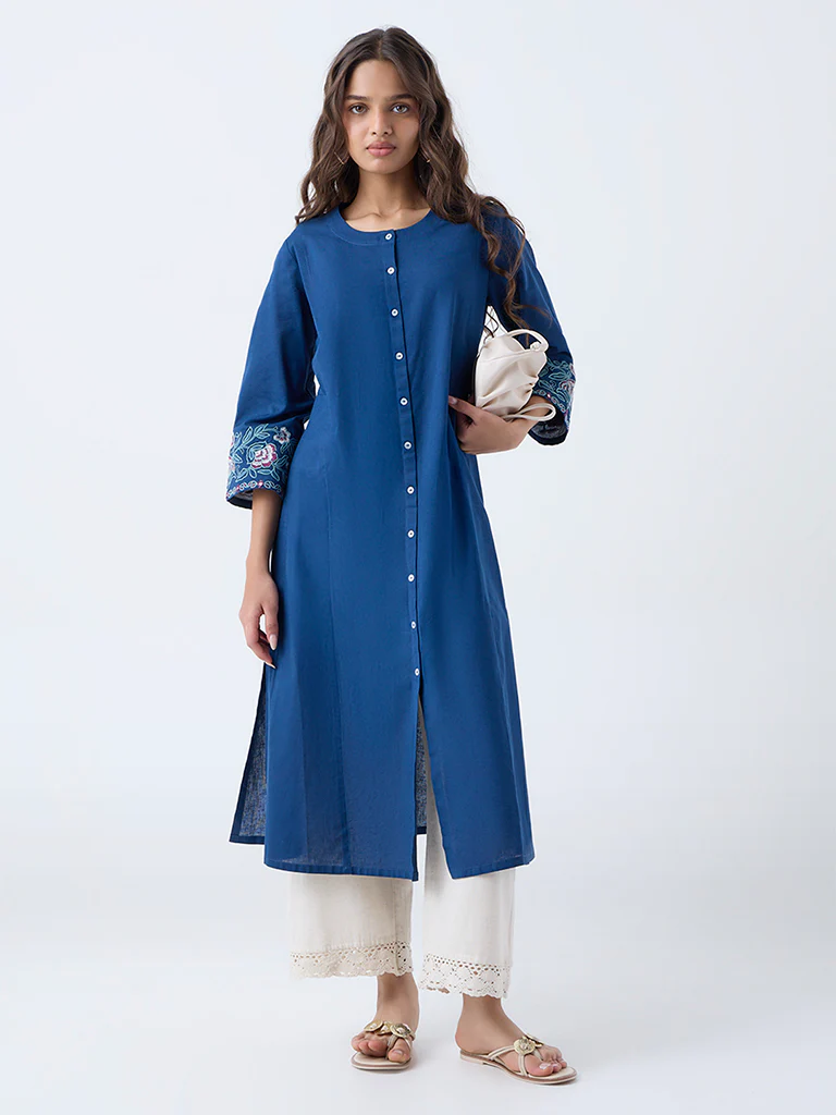Utsa Blue Floral Embroidered Cotton-Blend A-Line Kurta - Image 2