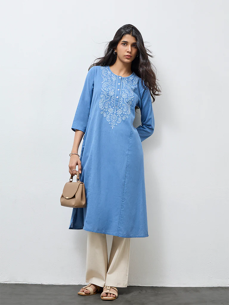 Utsa Blue Floral Embroidered Cotton-Blend A-Line Kurta