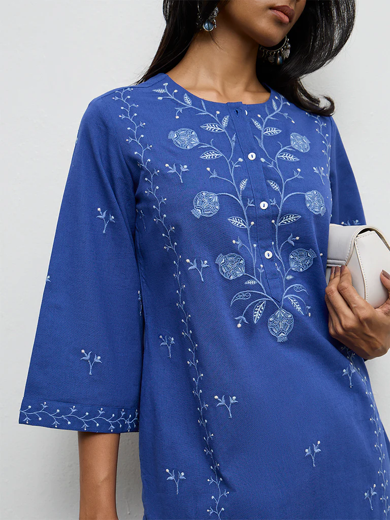 Utsa Blue Floral Embroidered Cotton-Blend Kurta - Image 3