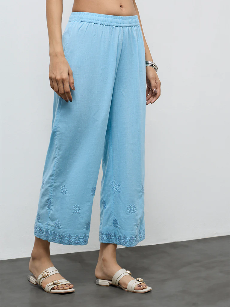 Utsa Blue Floral Embroidered Cotton Pants