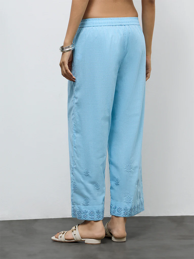 Utsa Blue Floral Embroidered Cotton Pants - Image 4