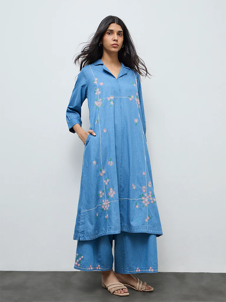 Utsa Blue Floral Embroidered Denim A-Line Kurta