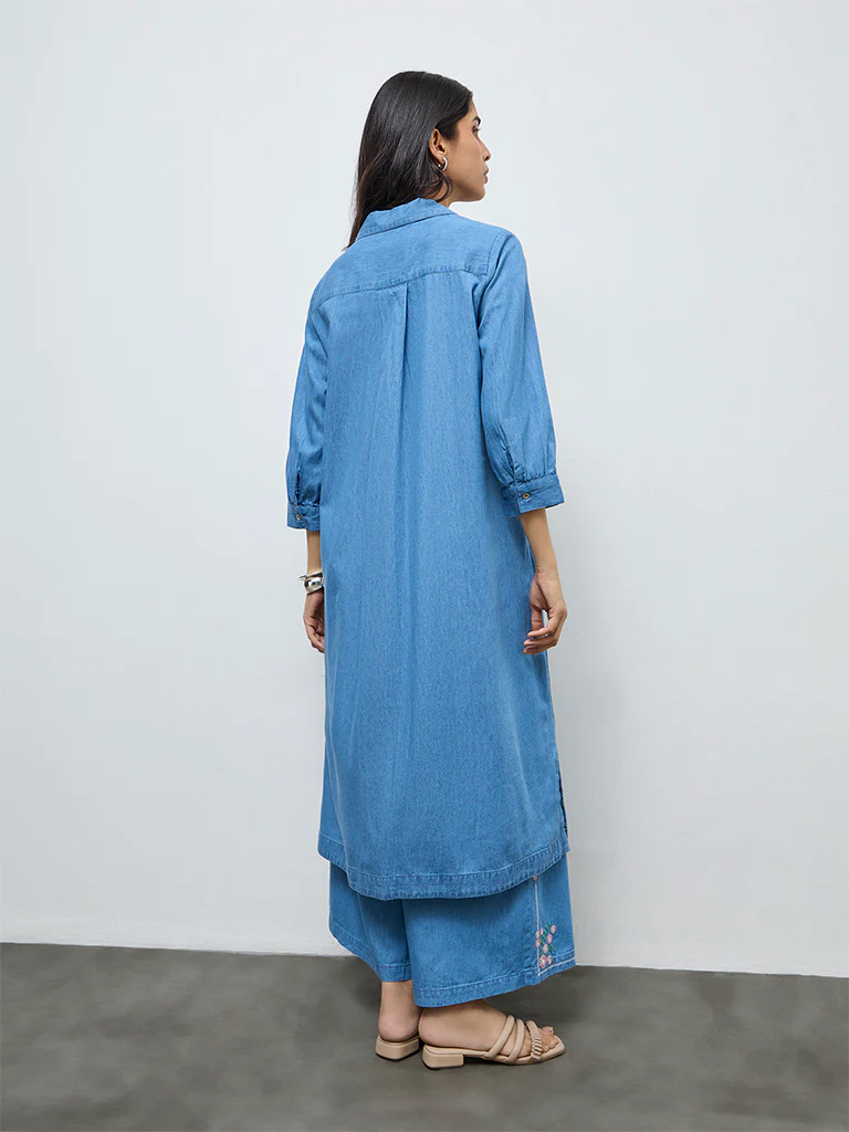 Utsa Blue Floral Embroidered Denim A-Line Kurta - Image 4