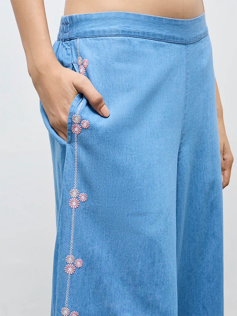 Utsa Blue Floral Embroidered Denim Palazzos - Image 3