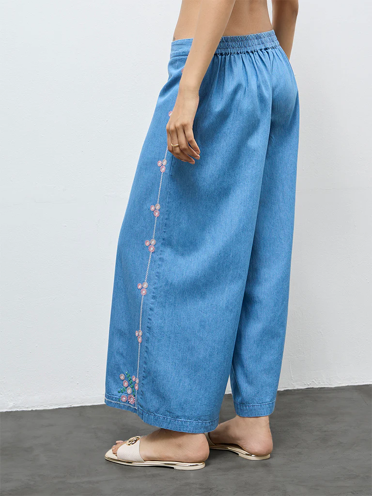 Utsa Blue Floral Embroidered Denim Palazzos - Image 4