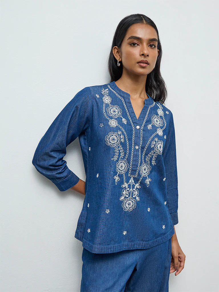 Utsa Blue Floral Embroidered Denim Tunic