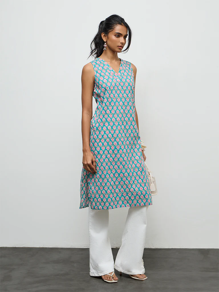 Utsa Blue Floral Pattern Cotton A-Line Kurta