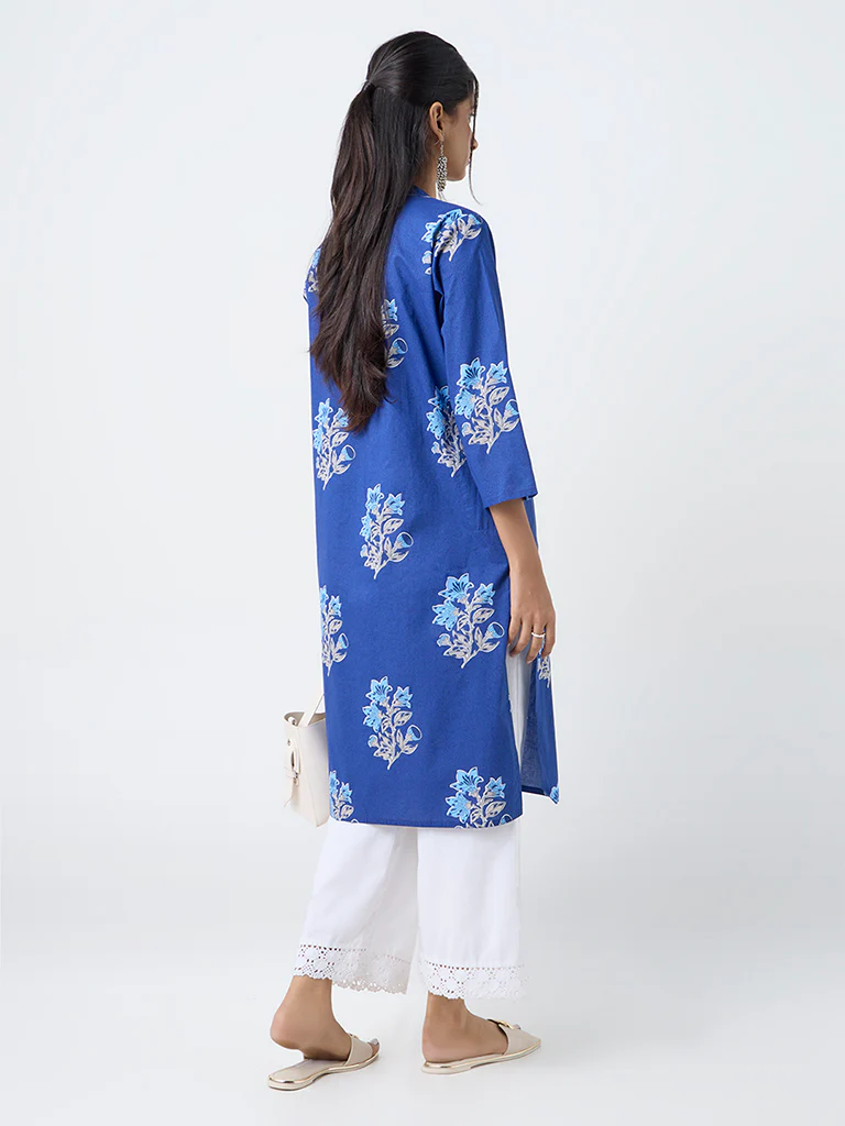 Utsa Blue Floral Pattern Cotton Straight Kurta - Image 4