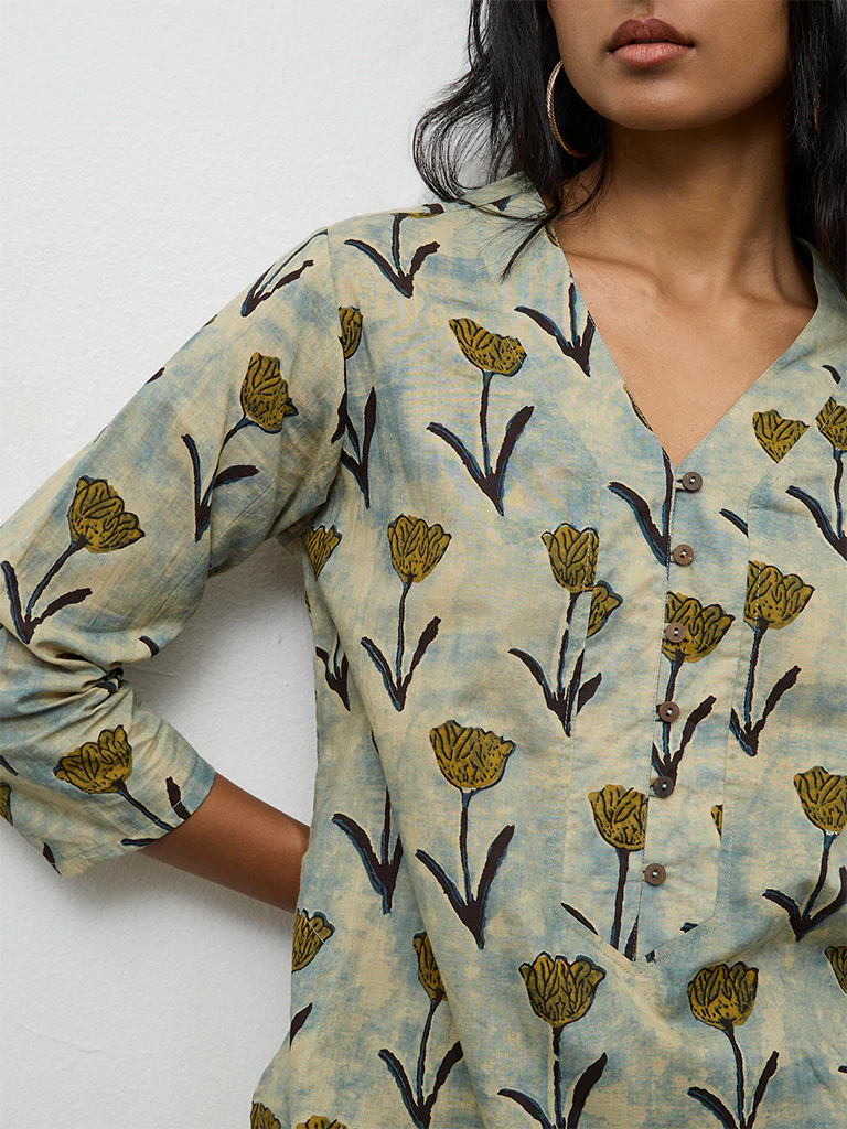 Utsa Blue Floral Pattern Cotton Straight Kurta - Image 3