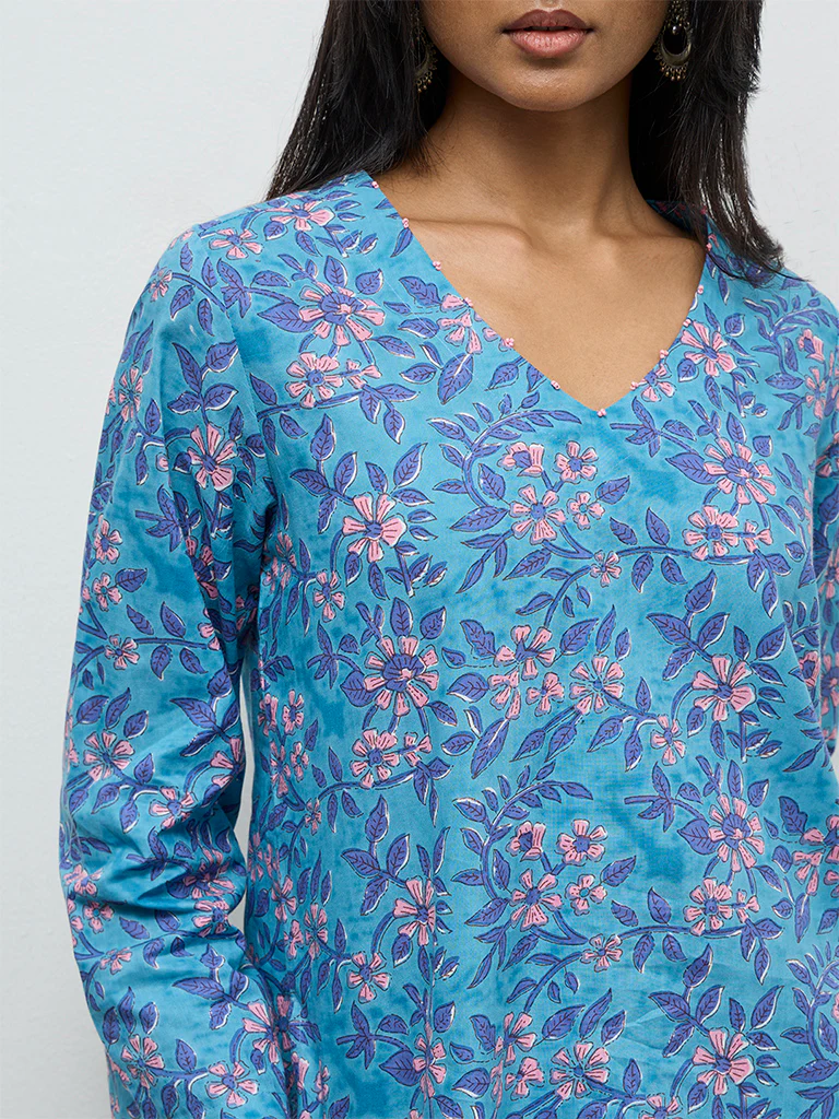 Utsa Blue Floral Pattern Cotton Tunic - Image 3