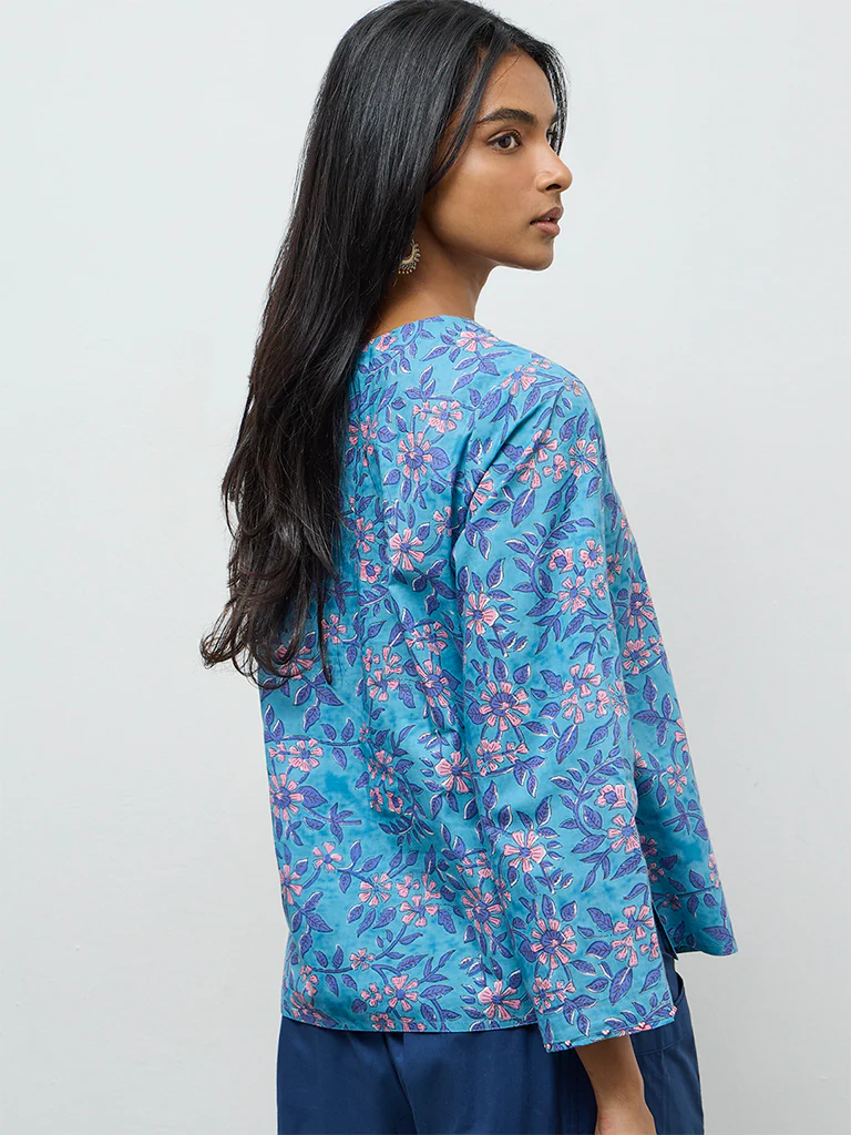 Utsa Blue Floral Pattern Cotton Tunic - Image 4