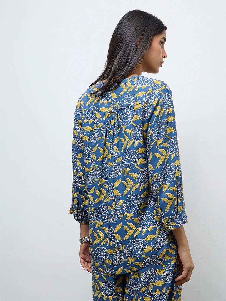 Utsa Blue Floral Pattern Tunic - Image 4