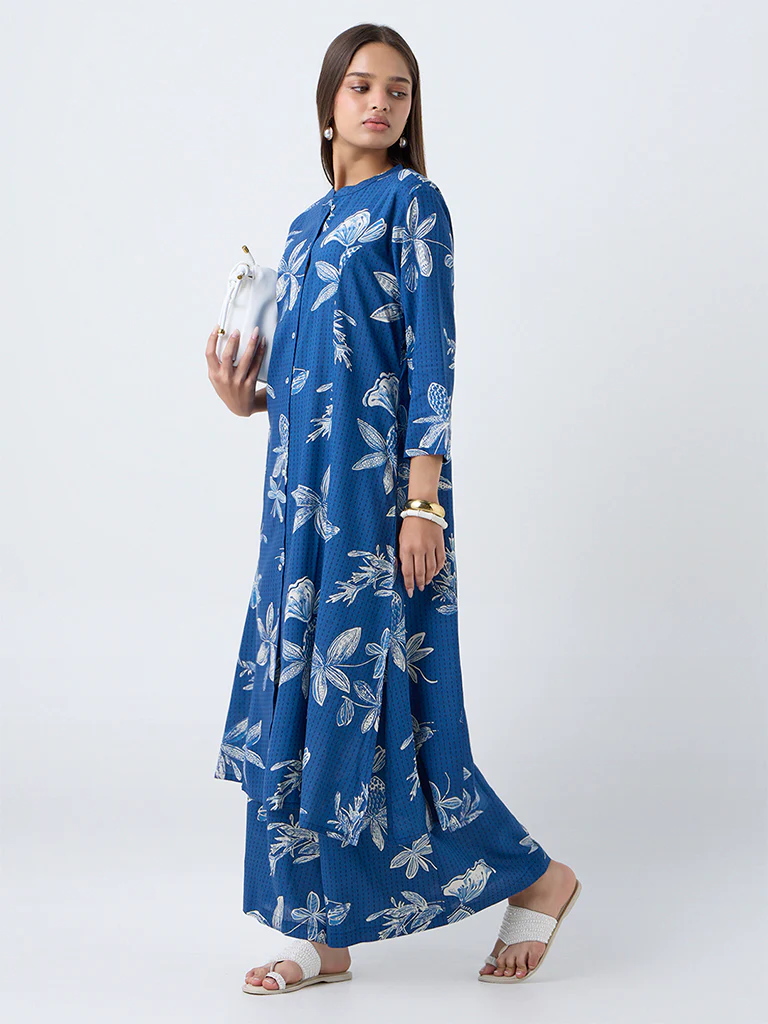 Utsa Blue Floral Printed A-Line Kurta - Image 2