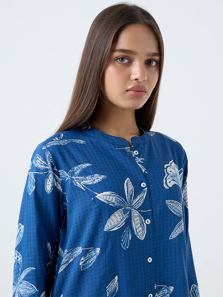 Utsa Blue Floral Printed A-Line Kurta - Image 3