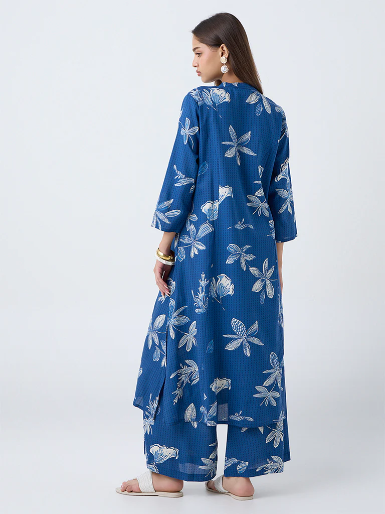 Utsa Blue Floral Printed A-Line Kurta - Image 4