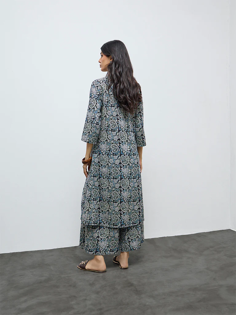 Utsa Blue Floral Printed A-Line Kurta - Image 4