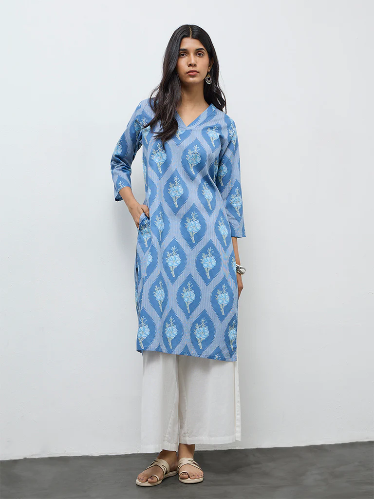Utsa Blue Floral Printed Cotton Straight Kurta - Image 2