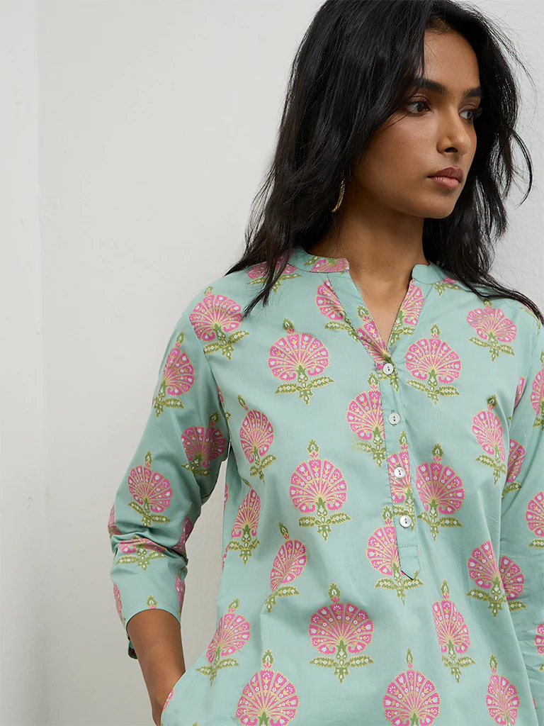 Utsa Blue Floral Printed Cotton Straight Kurta - Image 3