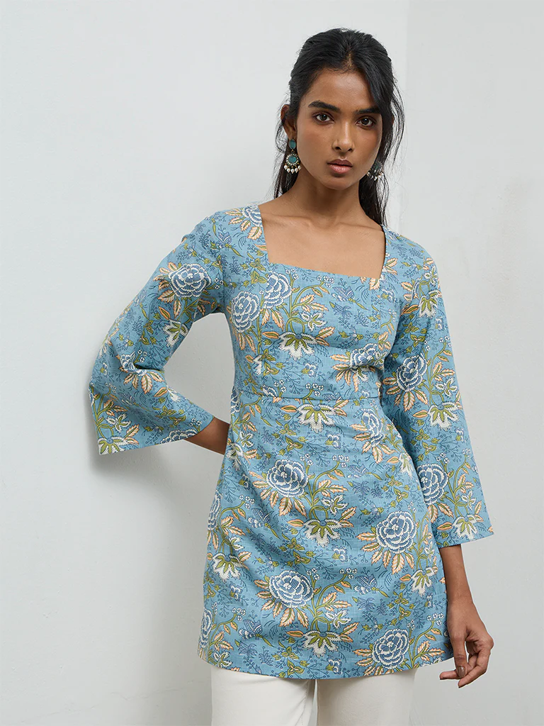 Utsa Blue Foliage Pattern Cotton Tunic - Image 2