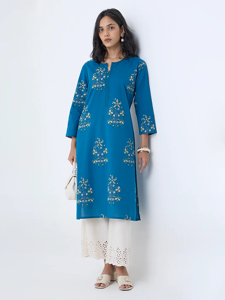 Utsa Blue Foliage Print Cotton Straight Kurta