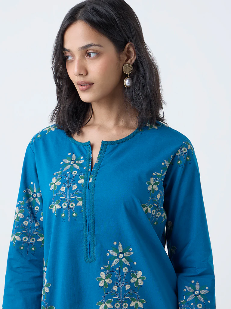 Utsa Blue Foliage Print Cotton Straight Kurta - Image 3