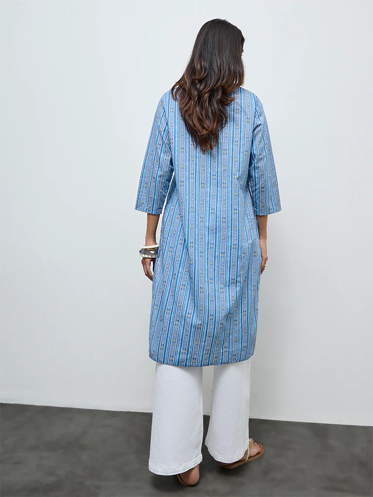 Utsa Blue Leaf Pattern Cotton Straight Kurta - Image 4