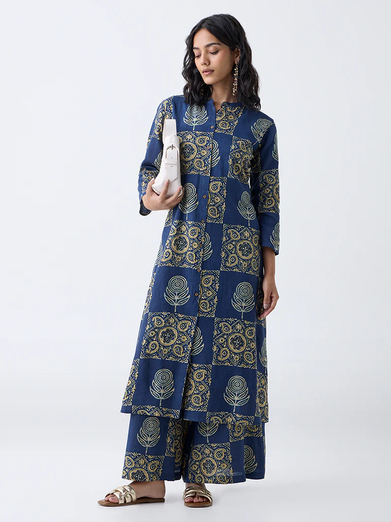 Utsa Blue Printed A-Line Kurta - Image 2