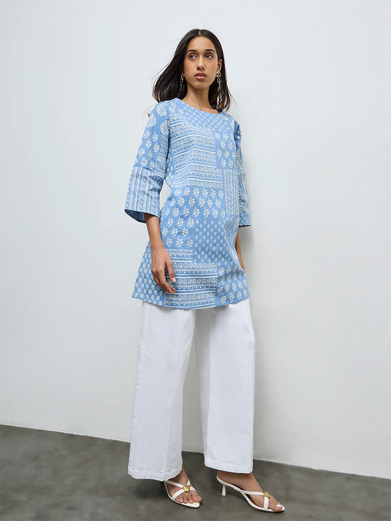 Utsa Blue Printed Cotton-Blend Straight Kurta - Image 2