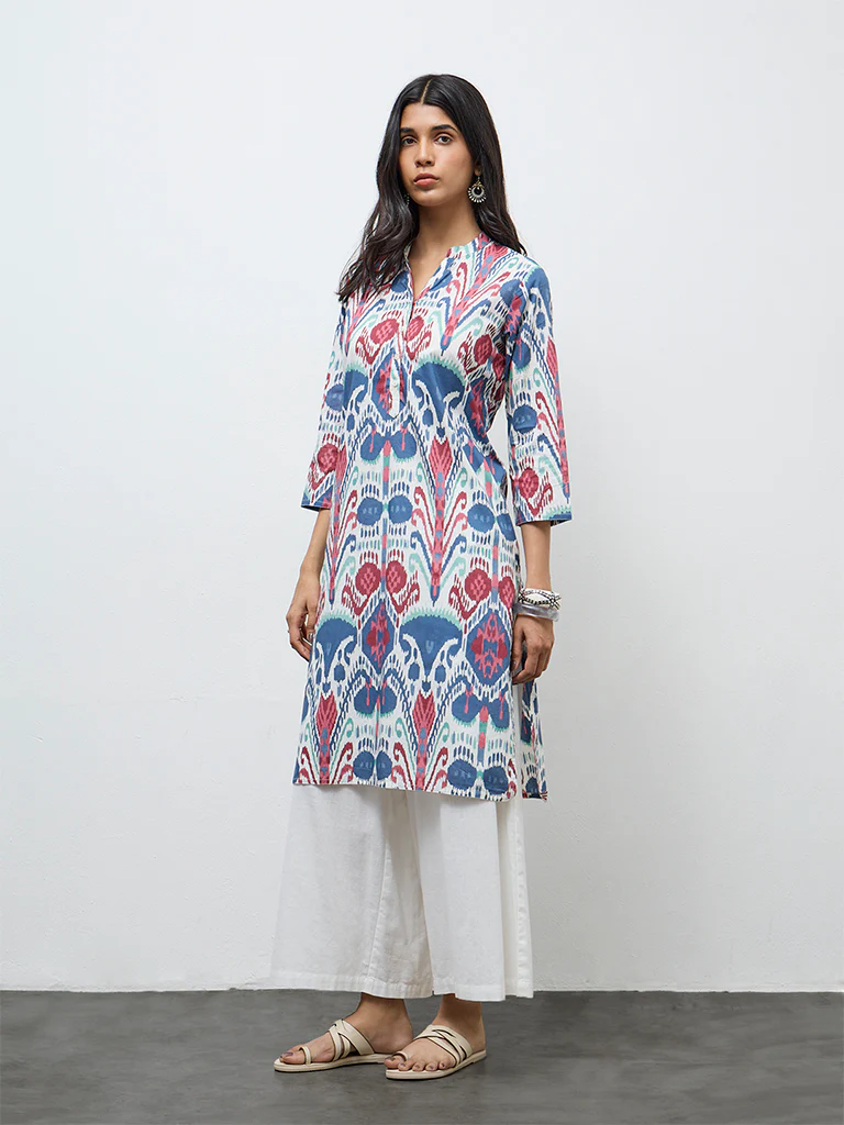 Utsa Blue Printed Cotton Straight Kurta