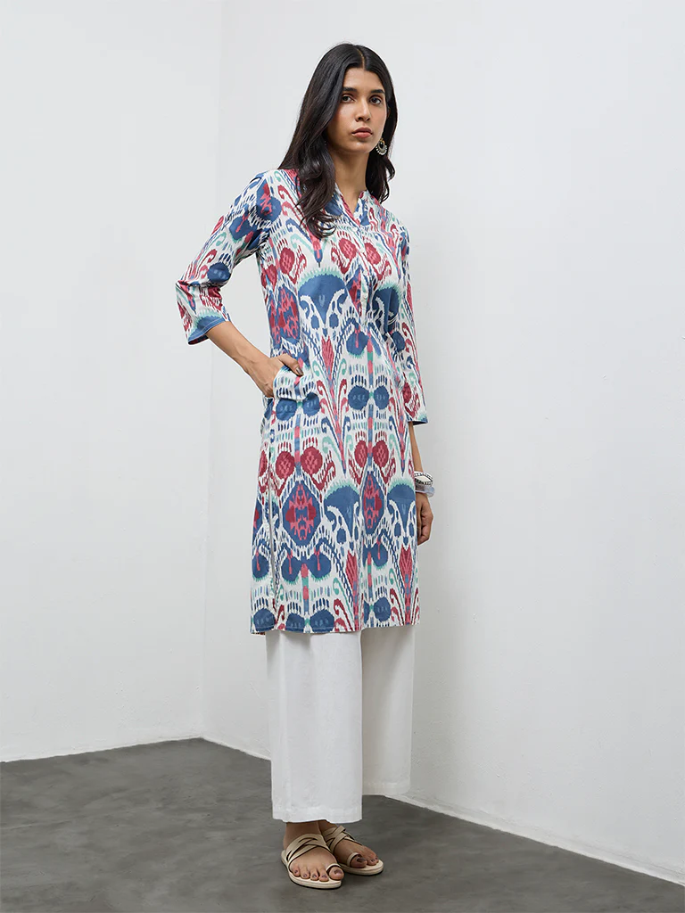 Utsa Blue Printed Cotton Straight Kurta - Image 2