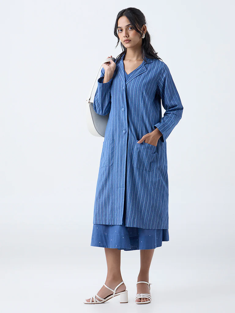 Utsa Blue Stripe Printed Cotton Jacket - Image 2