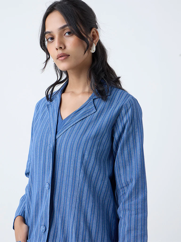 Utsa Blue Stripe Printed Cotton Jacket - Image 3