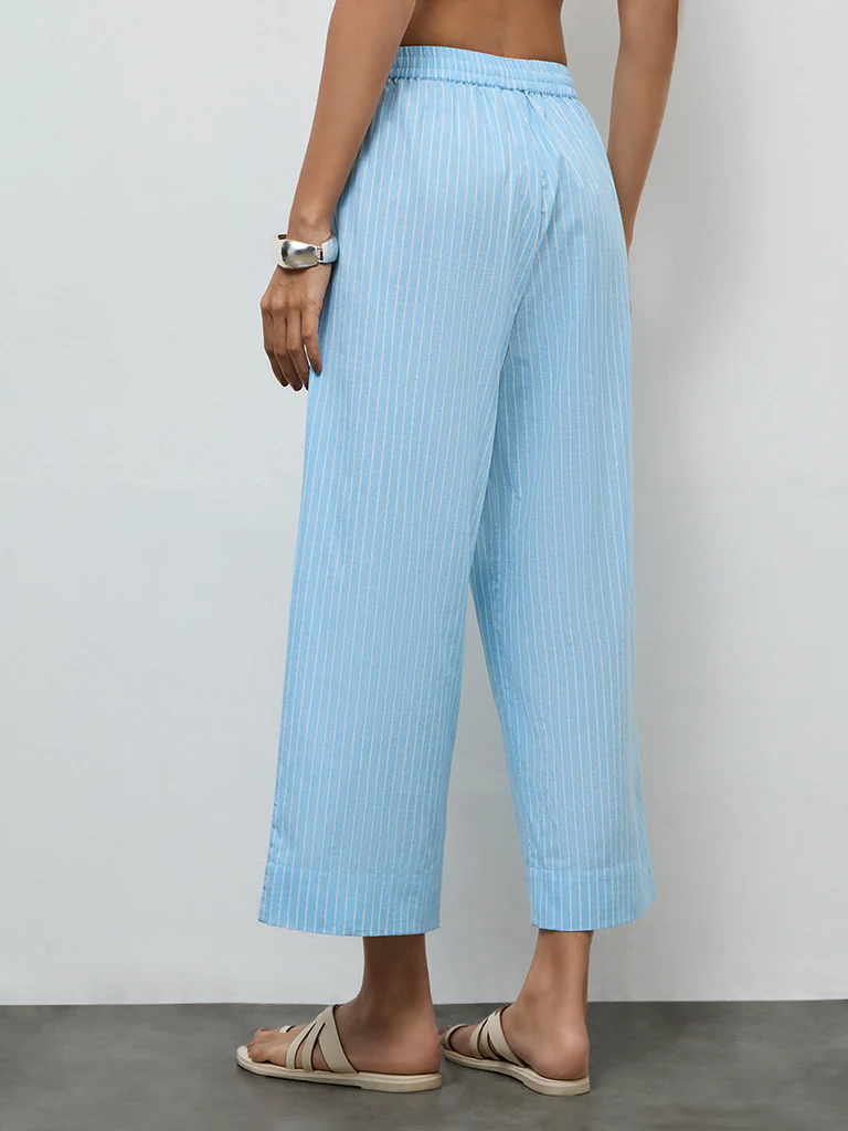 Utsa Blue Striped Cotton Pants - Image 4