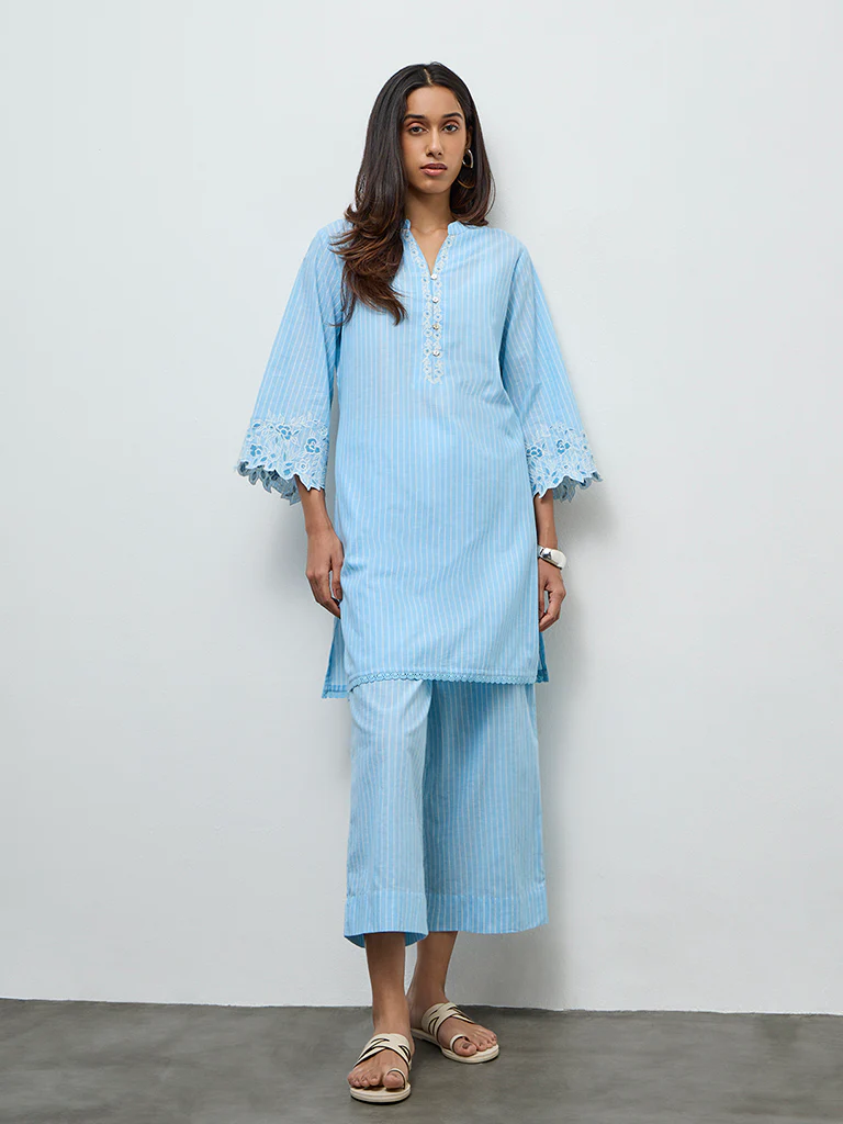 Utsa Blue Striped Straight Cotton Kurta - Image 2