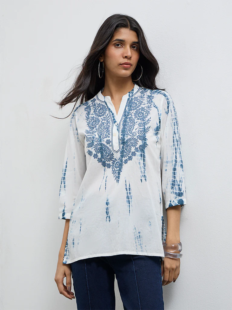 Utsa Blue Tie-Dye High-Low Cotton Tunic