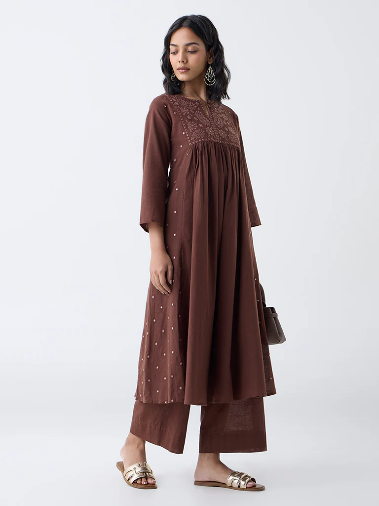 Utsa Brown Embroidered Cotton Anarkali Kurta - Image 2